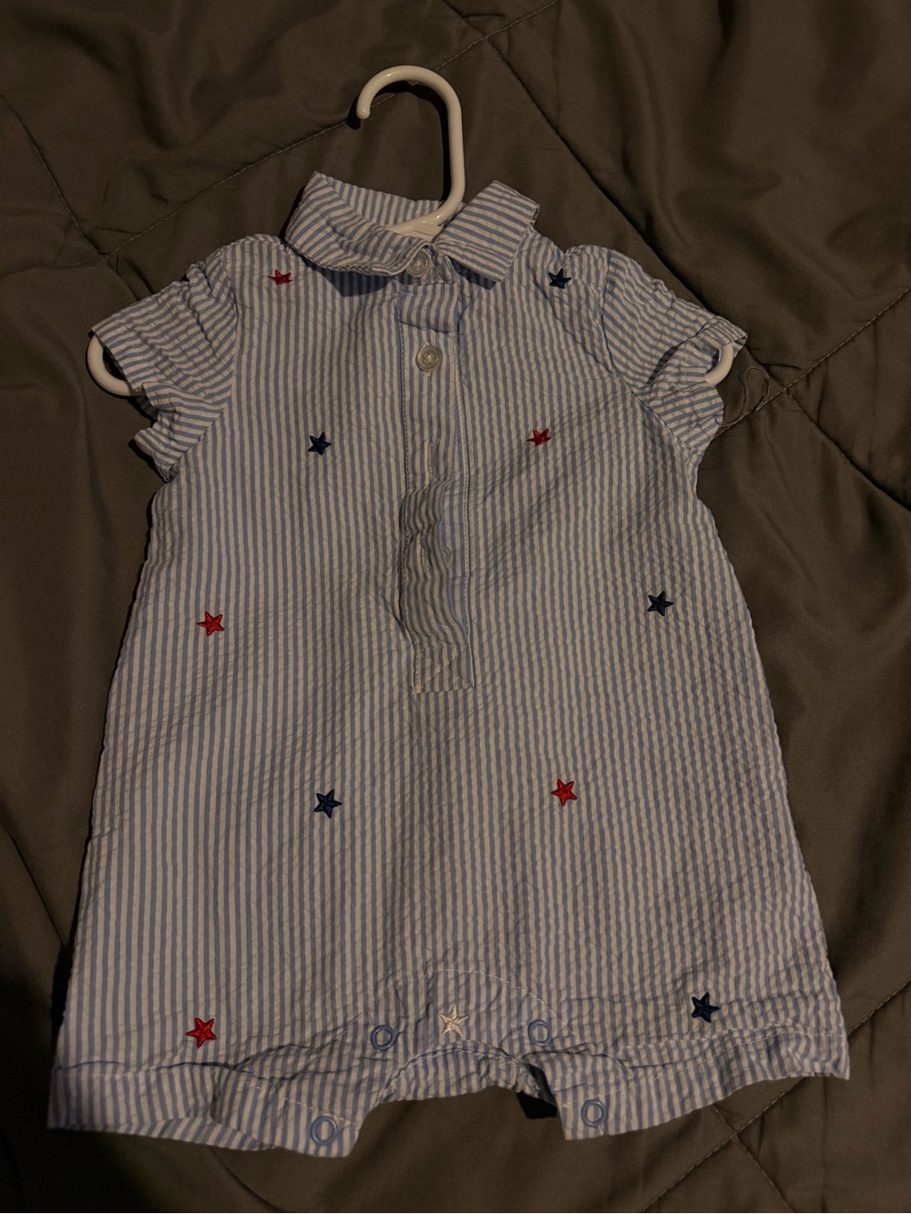 Little Me Blue and White Striped Star Button Romper